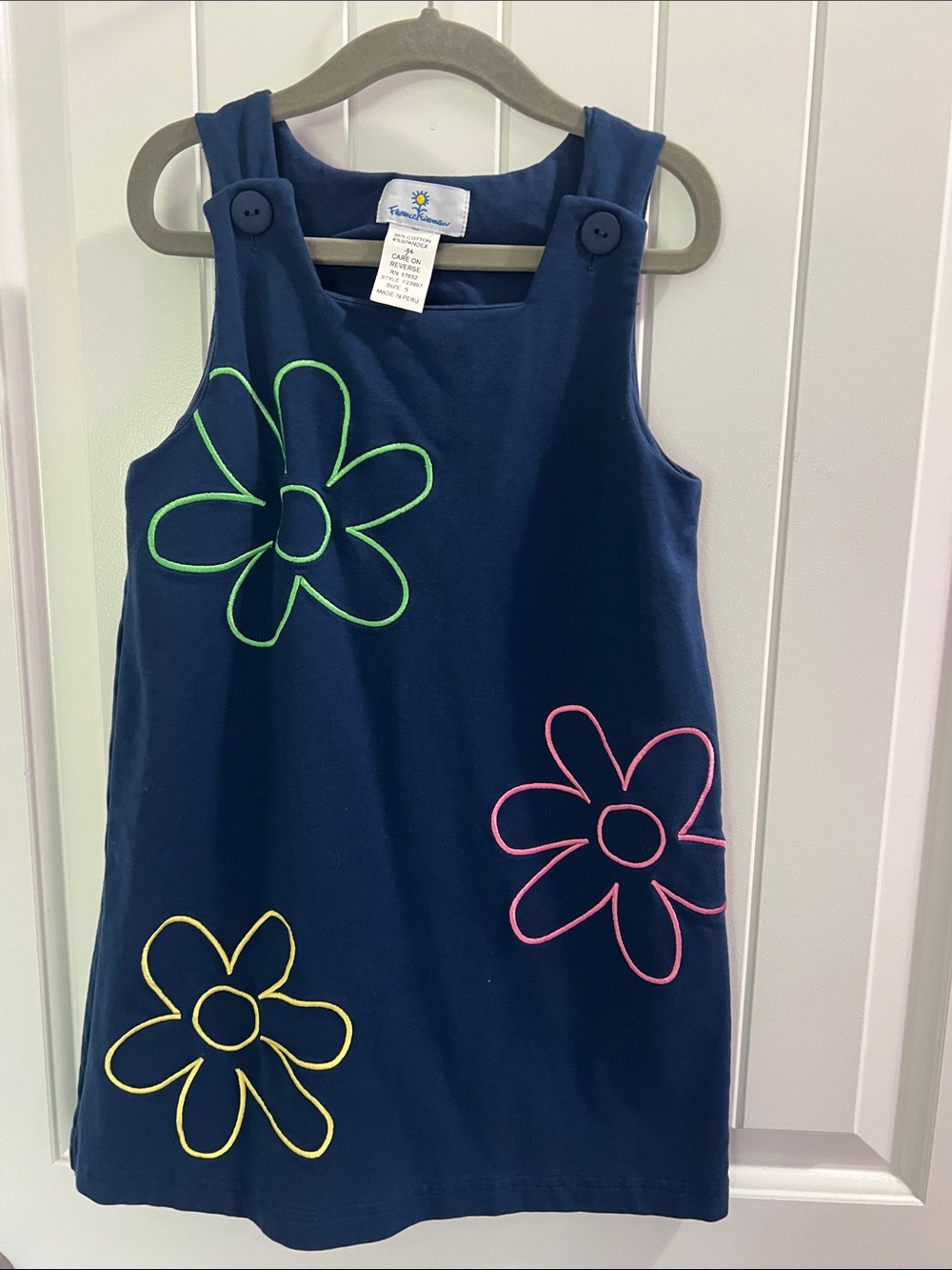 Florence Eiseman Navy Pinafore Dress with Neon Flower Outlines